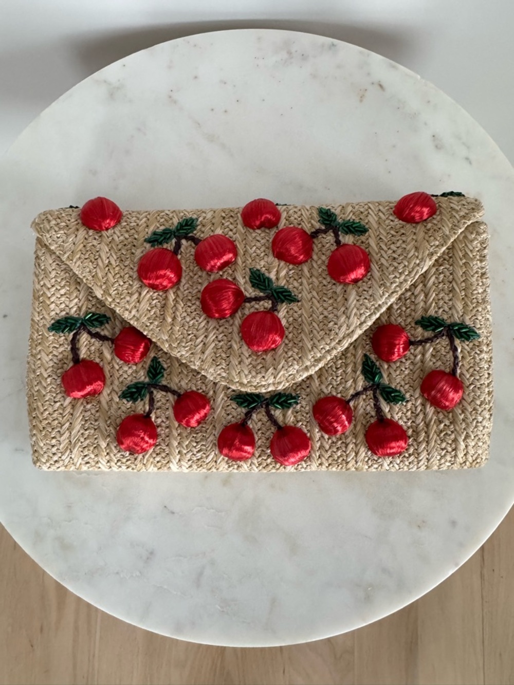 Nordstrom Straw Envelope Clutch with Red Cherry Embroidery